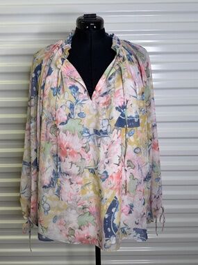 ELIE TAHARI WOMAN 3X Floral Split V Neck Tie Closure Ruffle Collar LS Lined Top